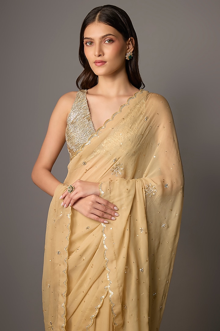 Beige Chiffon Wedding Saree Set by COUTURE BY NIHARIKA at Pernia's Pop Up Shop