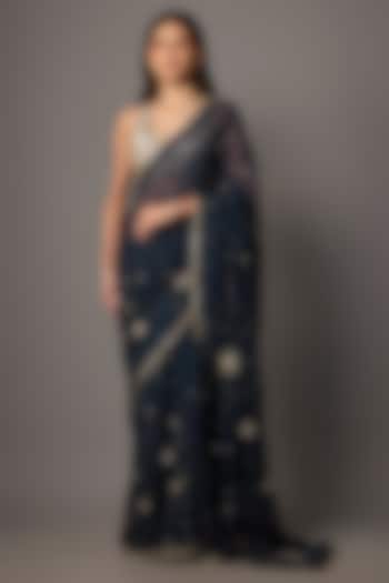 Navy Blue Chiffon Wedding Saree Set by COUTURE BY NIHARIKA at Pernia's Pop Up Shop