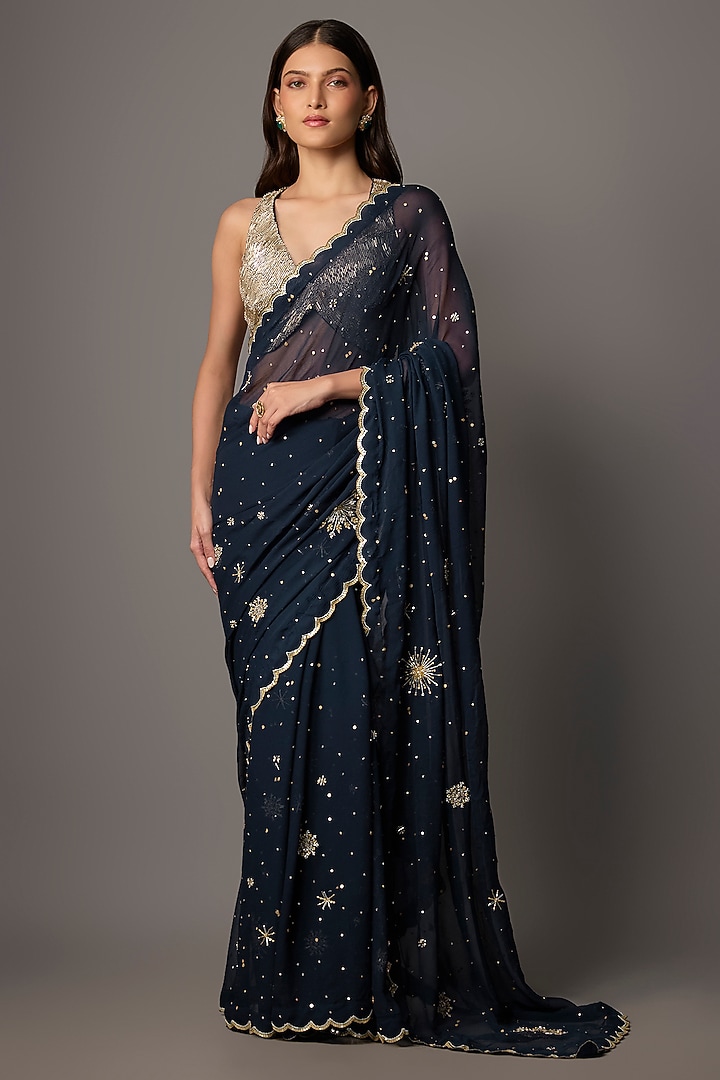 Navy Blue Chiffon Wedding Saree Set by COUTURE BY NIHARIKA at Pernia's Pop Up Shop