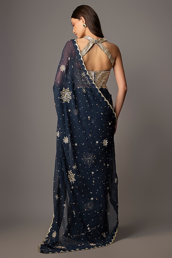 Navy Blue Chiffon Wedding Saree Set by COUTURE BY NIHARIKA at Pernia's Pop Up Shop