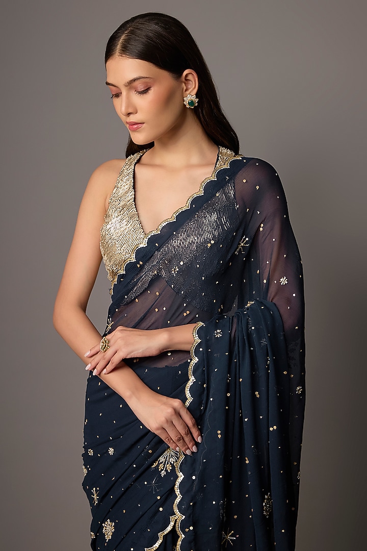 Navy Blue Chiffon Wedding Saree Set by COUTURE BY NIHARIKA at Pernia's Pop Up Shop