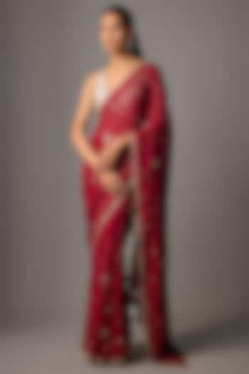 Red Chiffon Wedding Saree Set by COUTURE BY NIHARIKA at Pernia's Pop Up Shop