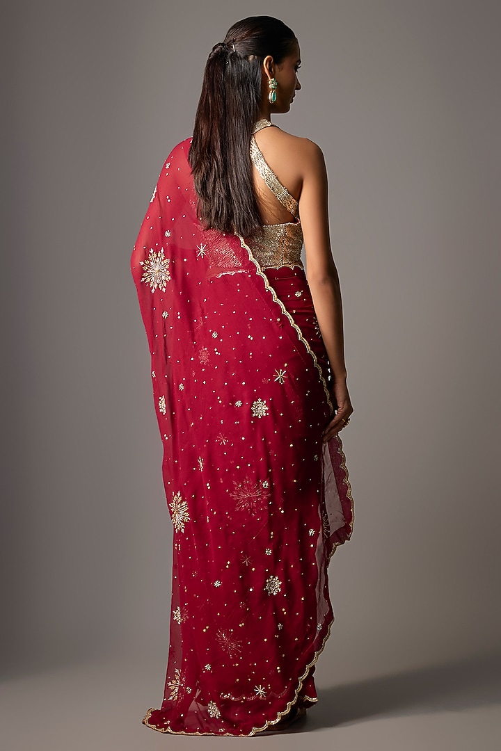 Red Chiffon Wedding Saree Set by COUTURE BY NIHARIKA at Pernia's Pop Up Shop