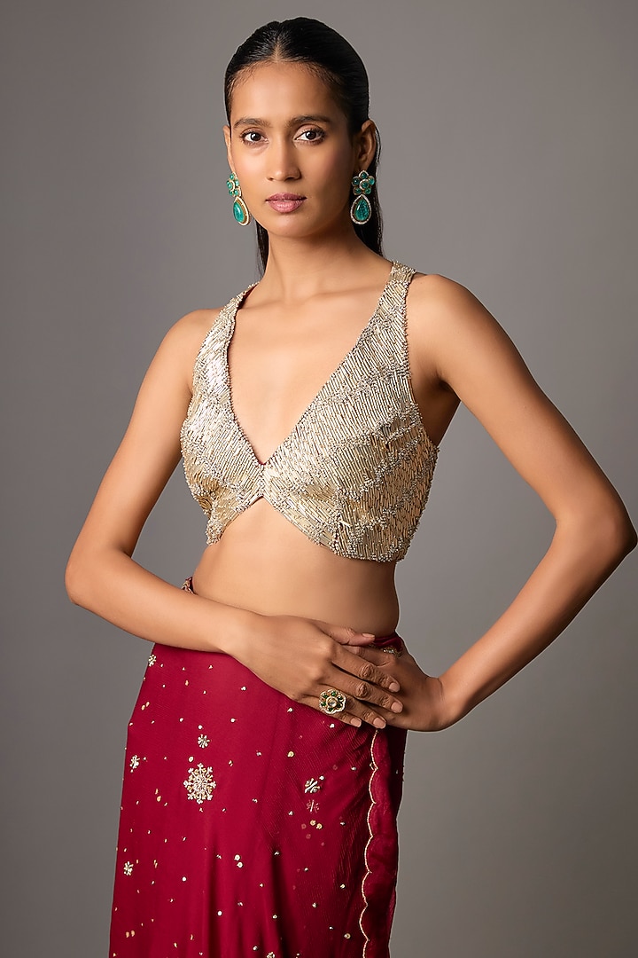 Red Chiffon Wedding Saree Set by COUTURE BY NIHARIKA at Pernia's Pop Up Shop
