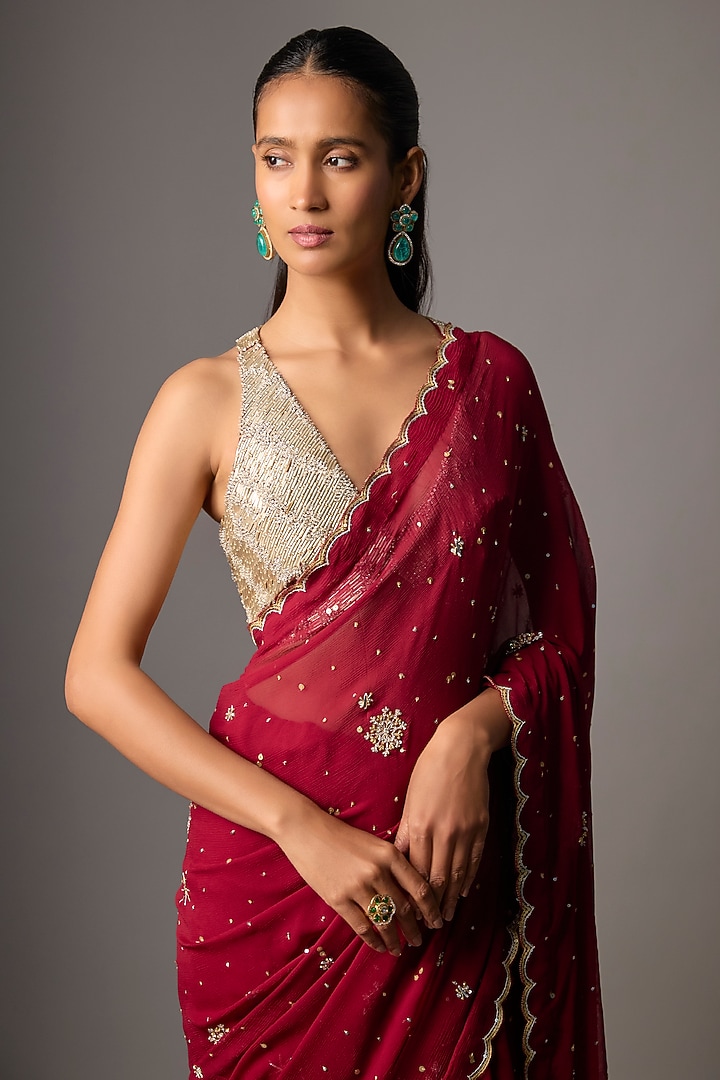 Red Chiffon Wedding Saree Set by COUTURE BY NIHARIKA at Pernia's Pop Up Shop