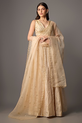 Beige Tissue Hand Embroidered Lehenga Set by COUTURE BY NIHARIKA