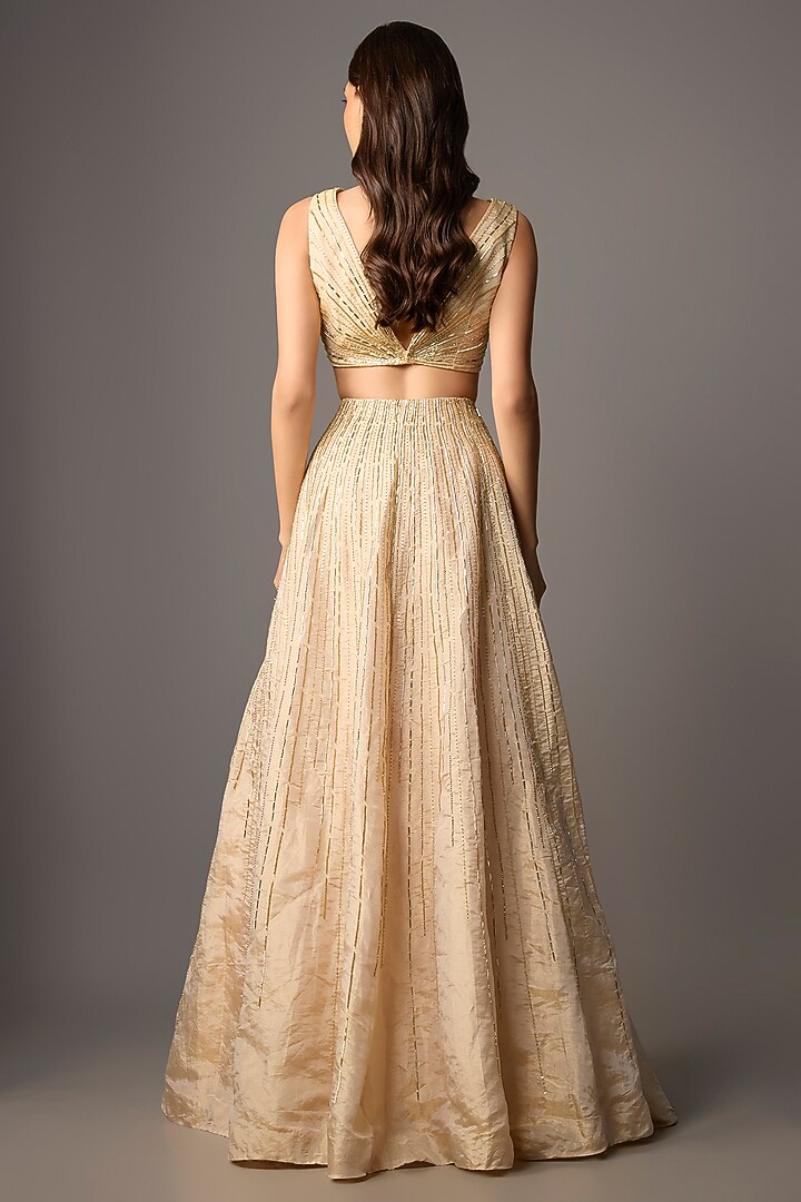 Beige Tissue Hand Embroidered Wedding Lehenga Set by COUTURE BY NIHARIKA at Pernia's Pop Up Shop