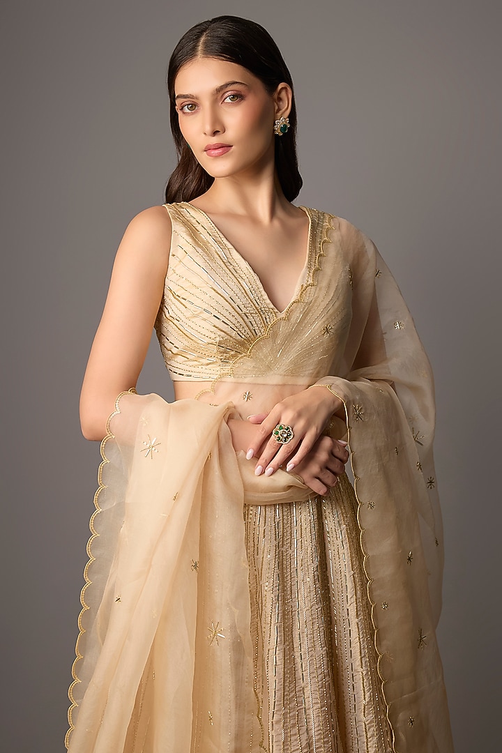 Beige Tissue Hand Embroidered Wedding Lehenga Set by COUTURE BY NIHARIKA at Pernia's Pop Up Shop