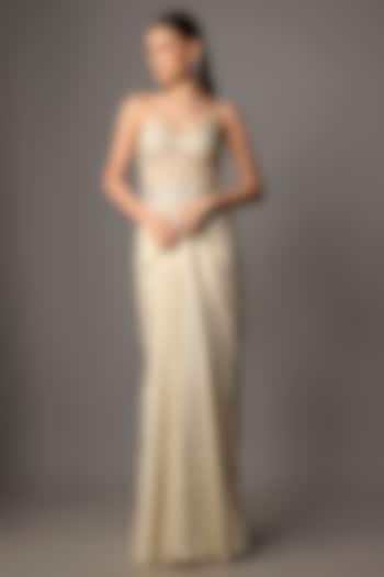 Gold Net & Shimmer Georgette Hand Embroidered Draped Engagement Gown by COUTURE BY NIHARIKA at Pernia's Pop Up Shop