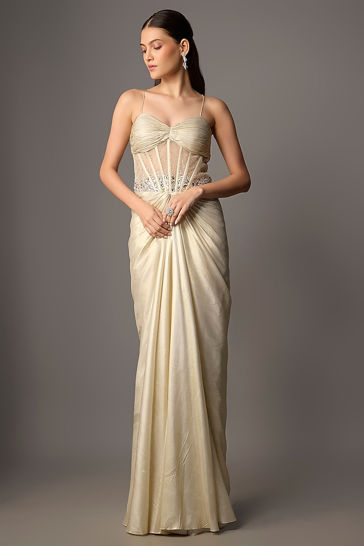 Gold Net & Shimmer Georgette Hand Embroidered Draped Engagement Gown by COUTURE BY NIHARIKA at Pernia's Pop Up Shop