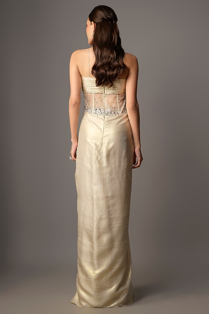 Gold Net & Shimmer Georgette Hand Embroidered Draped Engagement Gown by COUTURE BY NIHARIKA at Pernia's Pop Up Shop