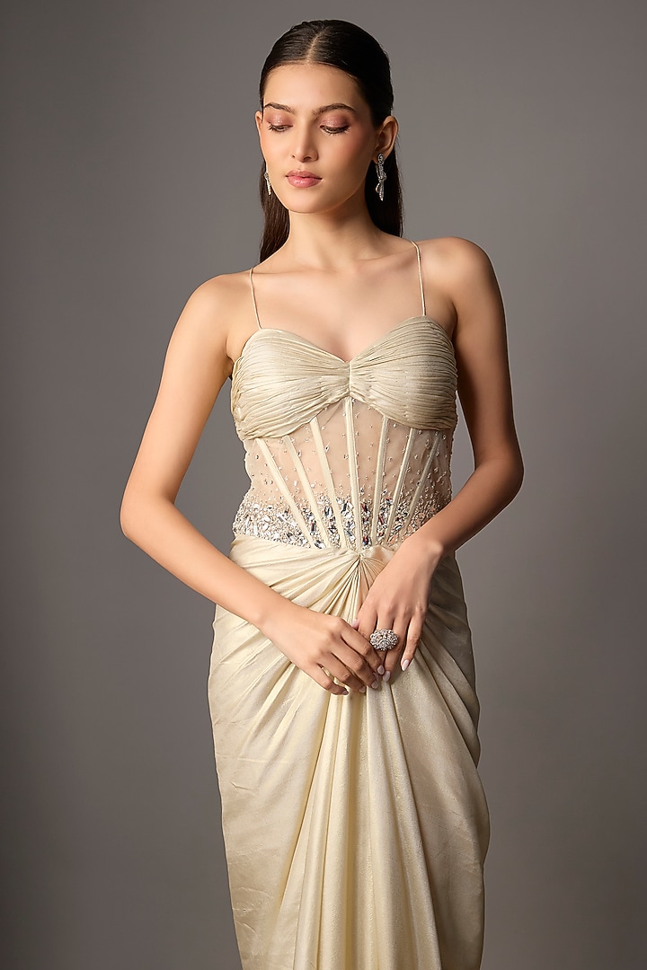Gold Net & Shimmer Georgette Hand Embroidered Draped Engagement Gown by COUTURE BY NIHARIKA at Pernia's Pop Up Shop