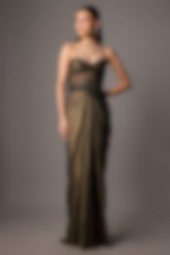 Black Net & Shimmer Georgette Hand Embroidered Draped Engagement Gown by COUTURE BY NIHARIKA at Pernia's Pop Up Shop