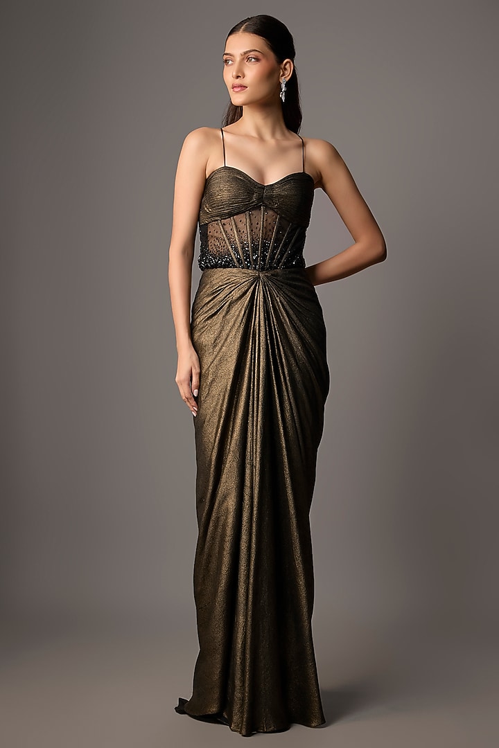 Black Net & Shimmer Georgette Hand Embroidered Draped Engagement Gown by COUTURE BY NIHARIKA at Pernia's Pop Up Shop