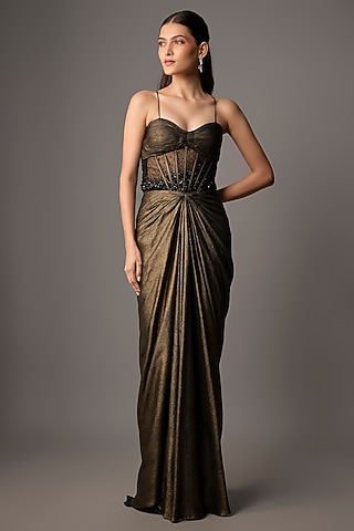 Black Net & Shimmer Georgette Hand Embroidered Draped Gown by COUTURE BY NIHARIKA