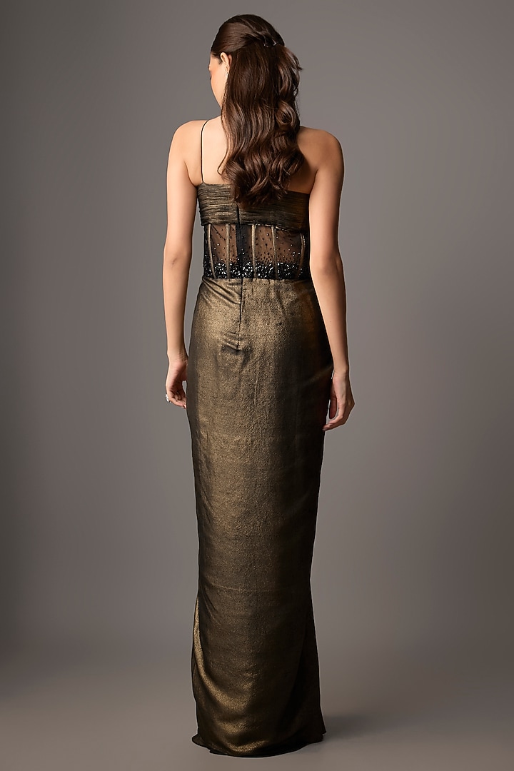 Black Net & Shimmer Georgette Hand Embroidered Draped Engagement Gown by COUTURE BY NIHARIKA at Pernia's Pop Up Shop