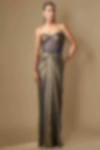 Navy Blue Shimmer Georgette Drape Engagement Gown by COUTURE BY NIHARIKA at Pernia's Pop Up Shop