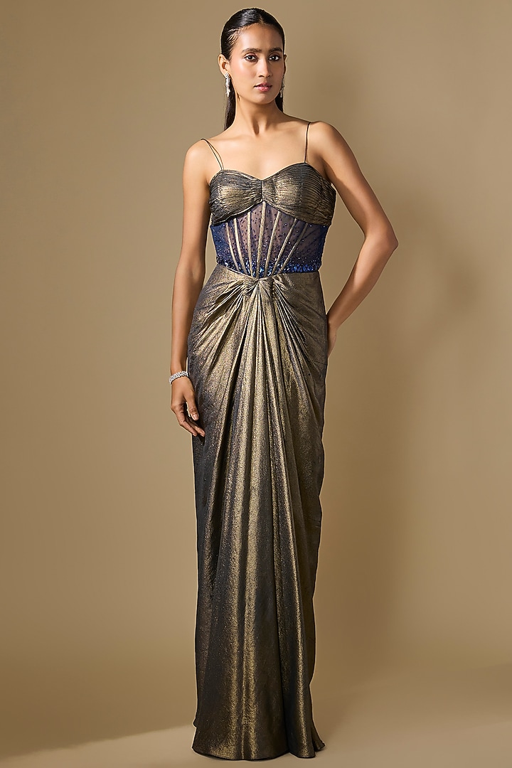 Navy Blue Shimmer Georgette Drape Engagement Gown by COUTURE BY NIHARIKA at Pernia's Pop Up Shop