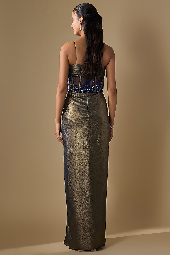 Navy Blue Shimmer Georgette Drape Engagement Gown by COUTURE BY NIHARIKA at Pernia's Pop Up Shop