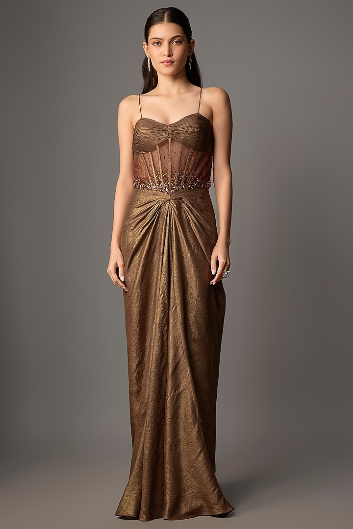 Mocha Brown Net & Shimmer Georgette Hand Embroidered Draped Engagement Gown by COUTURE BY NIHARIKA at Pernia's Pop Up Shop