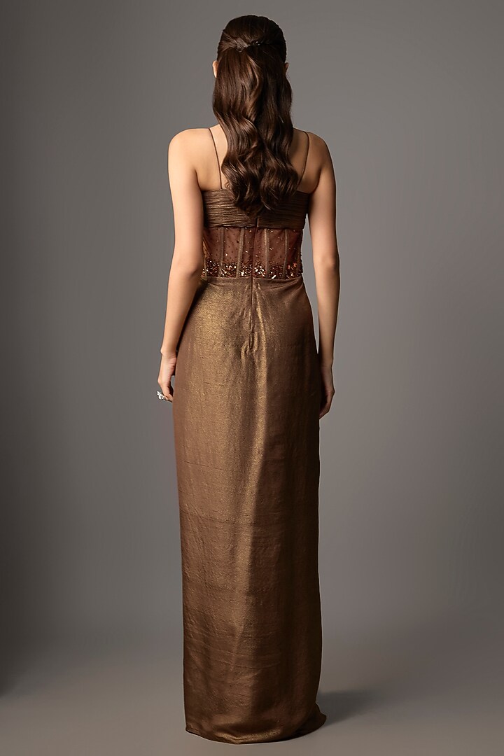 Mocha Brown Net & Shimmer Georgette Hand Embroidered Draped Engagement Gown by COUTURE BY NIHARIKA at Pernia's Pop Up Shop