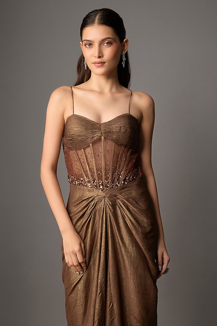 Mocha Brown Net & Shimmer Georgette Hand Embroidered Draped Engagement Gown by COUTURE BY NIHARIKA at Pernia's Pop Up Shop