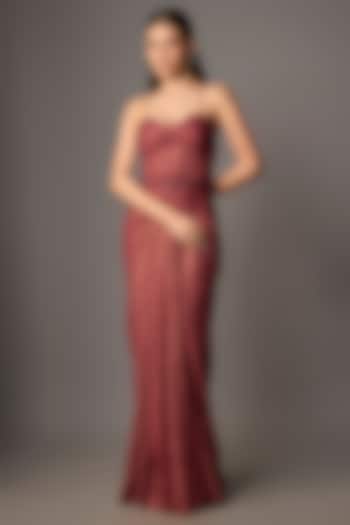 Red Net & Shimmer Georgette Hand Embroidered Draped Engagement Gown by COUTURE BY NIHARIKA at Pernia's Pop Up Shop