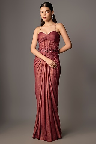 Red Net & Shimmer Georgette Hand Embroidered Draped Gown by COUTURE BY NIHARIKA