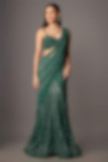 Emerald Green Net & Organza Hand Embroidered Reception Saree Set by COUTURE BY NIHARIKA at Pernia's Pop Up Shop
