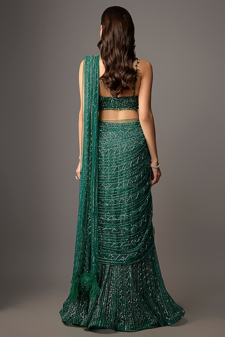 Emerald Green Net & Organza Hand Embroidered Reception Saree Set by COUTURE BY NIHARIKA at Pernia's Pop Up Shop