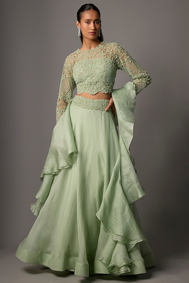 Mint Green Organza & Net Wedding Lehenga Set by COUTURE BY NIHARIKA at Pernia's Pop Up Shop