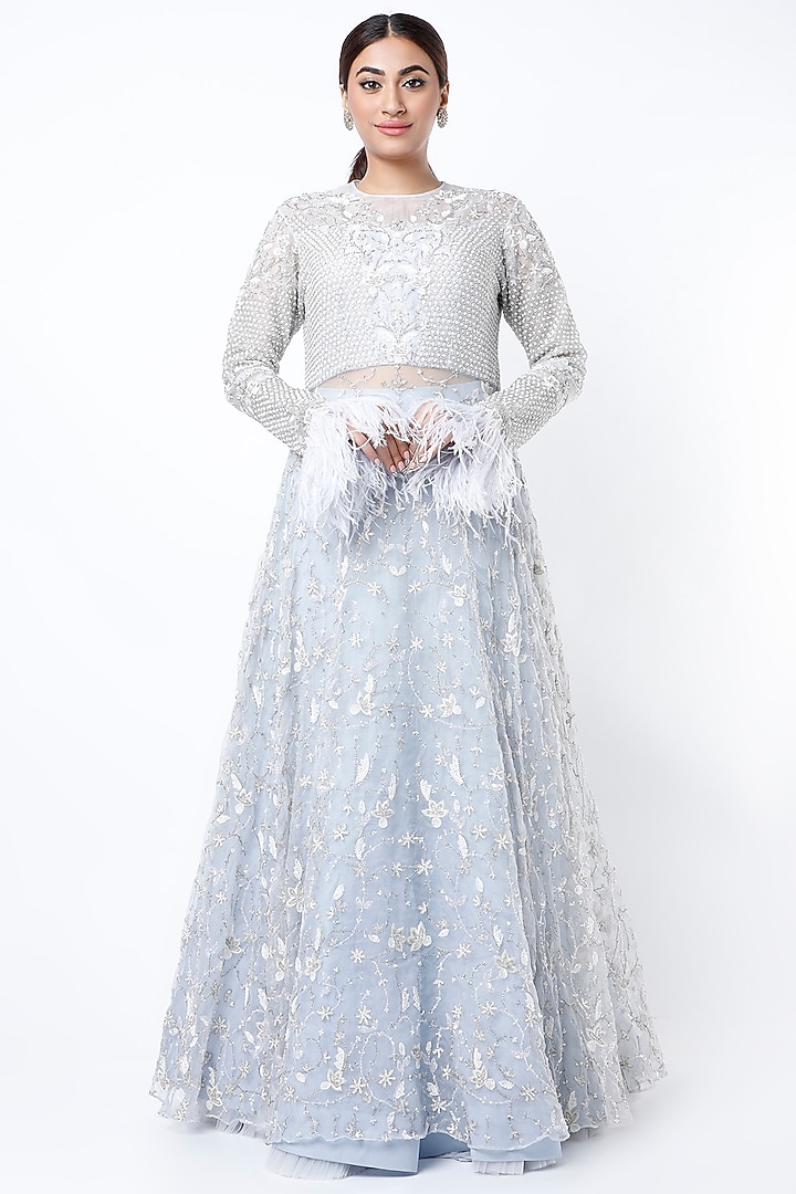 Iceberg Blue Embroidered Engagement Gown by COUTURE BY NIHARIKA at Pernia's Pop Up Shop