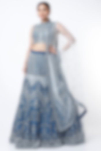 Cobalt Blue Organza Embroidered Lehenga Set by COUTURE BY NIHARIKA
