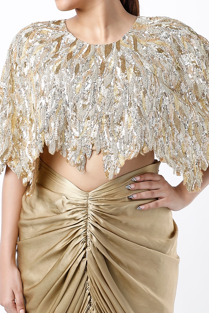 Gold Organza Textured Embroidered Cape Set by COUTURE BY NIHARIKA at Pernia's Pop Up Shop