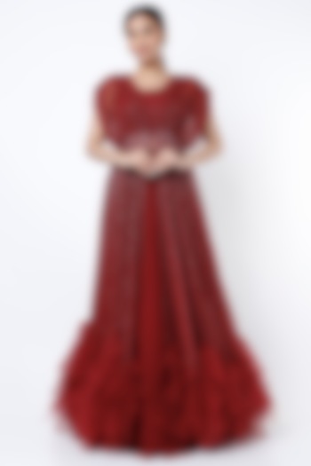 Blood Red Embroidered Kaftan Wedding Gown by COUTURE BY NIHARIKA at Pernia's Pop Up Shop