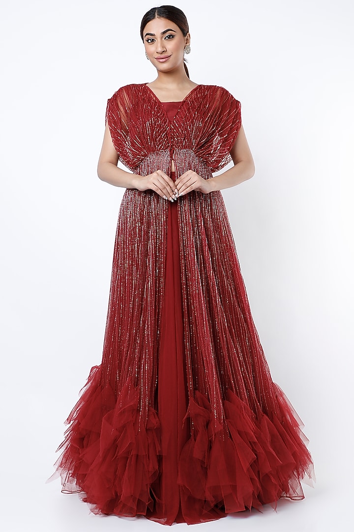 Blood Red Embroidered Kaftan Wedding Gown by COUTURE BY NIHARIKA at Pernia's Pop Up Shop