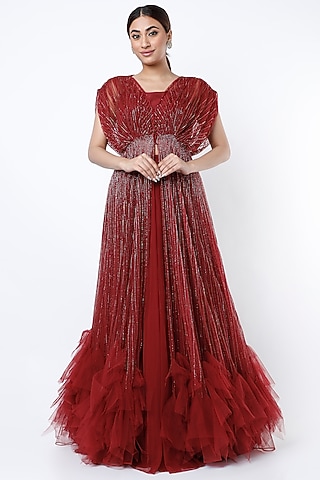 Blood Red Embroidered Kaftan Gown by COUTURE BY NIHARIKA