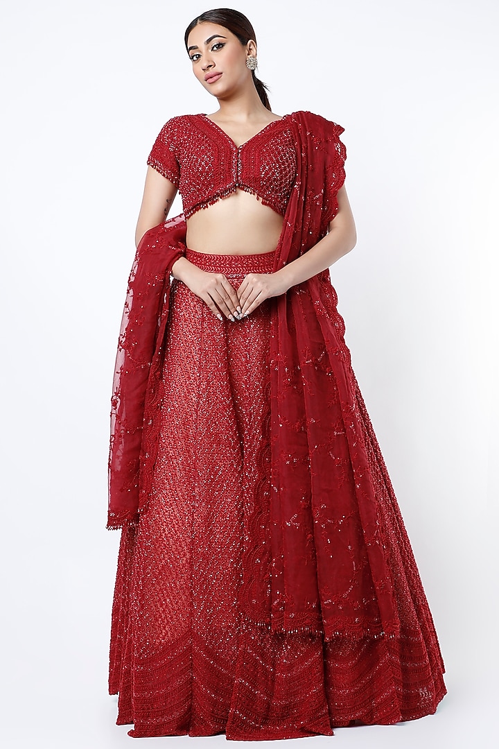 Dark Red Embroidered Lehenga Set by COUTURE BY NIHARIKA