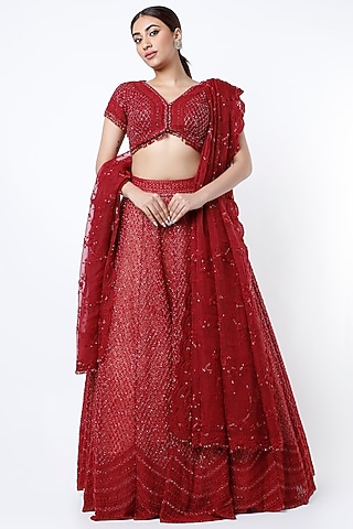 Dark Red Embroidered Lehenga Set by COUTURE BY NIHARIKA
