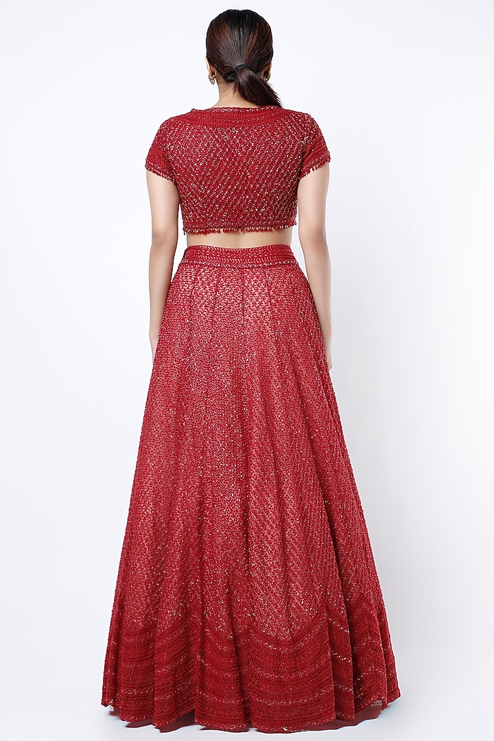 Dark Red Embroidered Bridal Lehenga Set by COUTURE BY NIHARIKA at Pernia's Pop Up Shop
