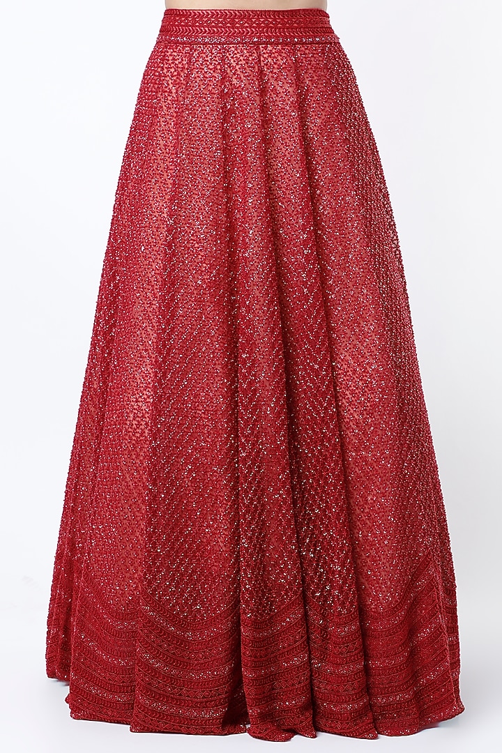 Dark Red Embroidered Bridal Lehenga Set by COUTURE BY NIHARIKA at Pernia's Pop Up Shop
