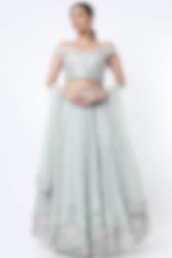 Mint Embroidered Bridal Lehenga Set by COUTURE BY NIHARIKA at Pernia's Pop Up Shop
