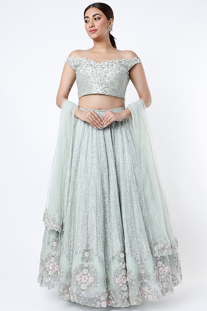 Mint Embroidered Bridal Lehenga Set by COUTURE BY NIHARIKA at Pernia's Pop Up Shop