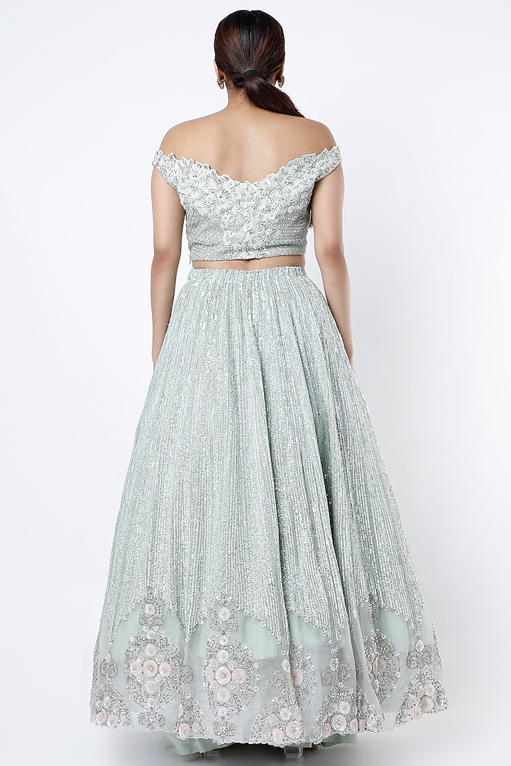 Mint Embroidered Bridal Lehenga Set by COUTURE BY NIHARIKA at Pernia's Pop Up Shop