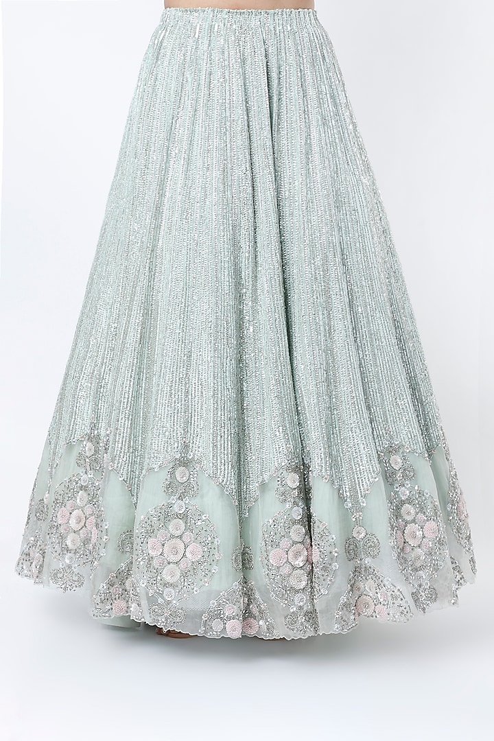 Mint Embroidered Bridal Lehenga Set by COUTURE BY NIHARIKA at Pernia's Pop Up Shop