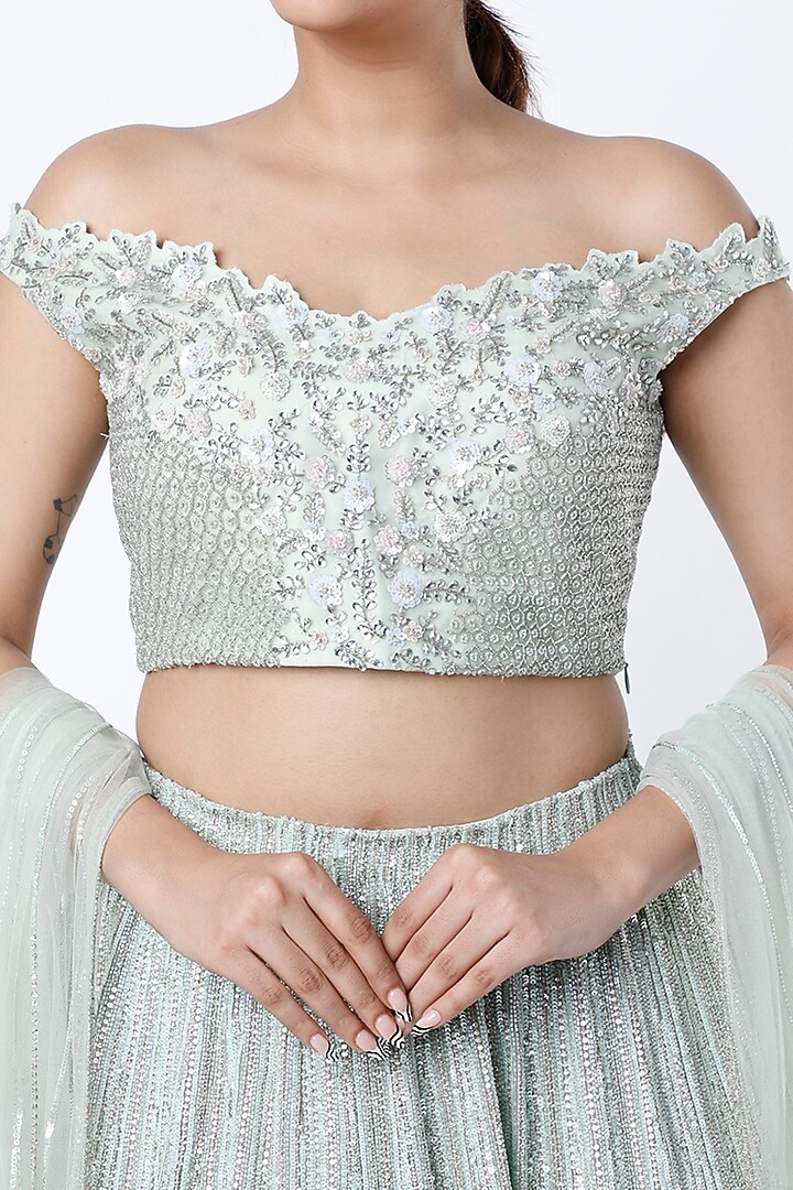 Mint Embroidered Bridal Lehenga Set by COUTURE BY NIHARIKA at Pernia's Pop Up Shop