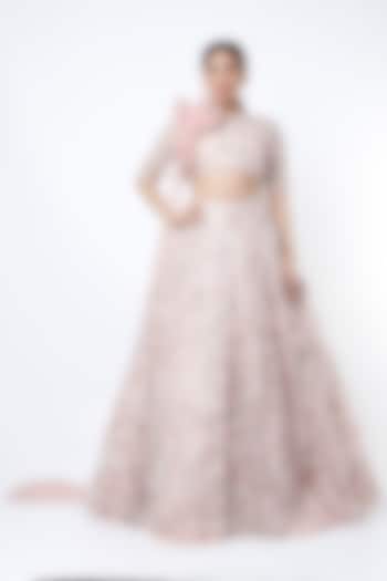 Peach Beige Embroidered Bridal Lehenga Set by COUTURE BY NIHARIKA at Pernia's Pop Up Shop