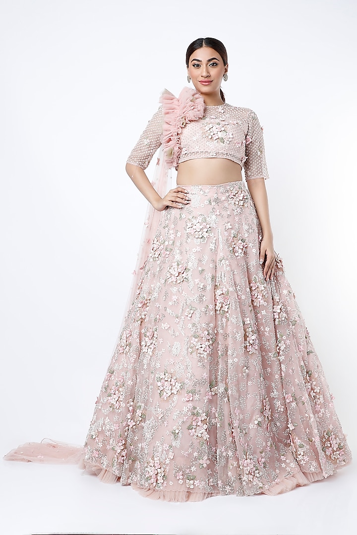 Peach Beige Embroidered Bridal Lehenga Set by COUTURE BY NIHARIKA at Pernia's Pop Up Shop