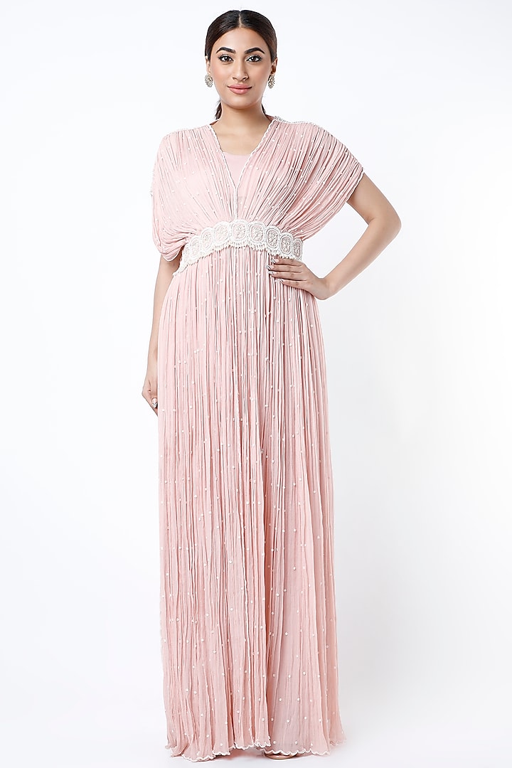 Powder Pink Chiffon Pearl Embroidered Hand-Crushed Textured Kaftan Set by COUTURE BY NIHARIKA