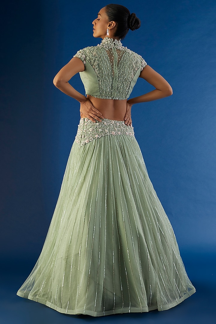 Mint Green Taiwan Net Gathered Wedding Lehenga Set by COUTURE BY NIHARIKA at Pernia's Pop Up Shop